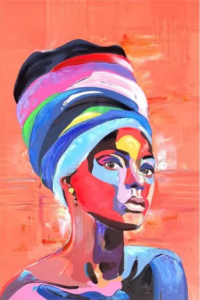 Cuadro donde aparece una mujer con un turbante. Todo el cuadro está pintado con colores vivos (rojo, azul, verde, amarillo, naranja, rosa y violeta)