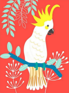 Cuadro con un papagayo de color blanco con una cresta amarilla. Esta descansado en una rama de un arbol y tiene hojas a su alrededor. El fondo del cuadro es rojo.